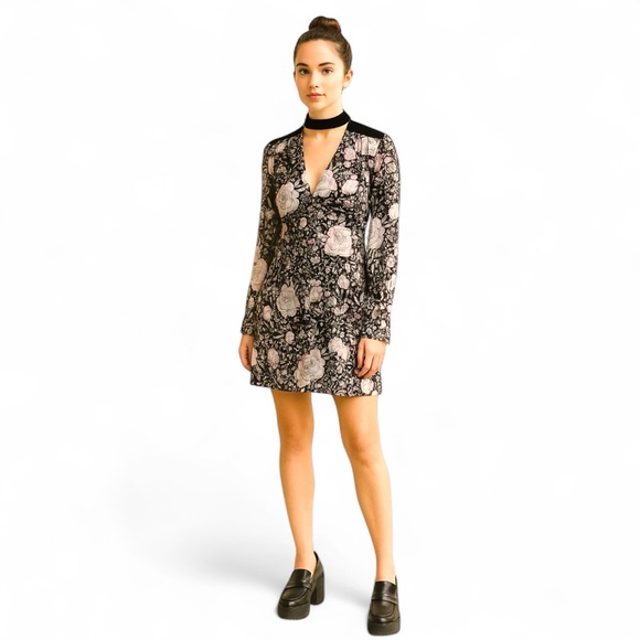 Jill Stuart Dresses & Skirts - Jill Stuart Camilla Floral Print Mini Dress Velvet Trim and Cut Out Mock Neck 2